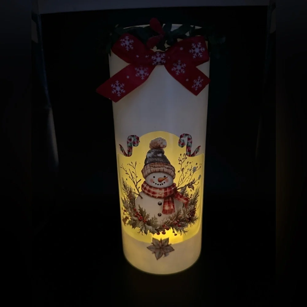 New OOAK White Snowman Pillar Cylinder Votive Christmas Candle
